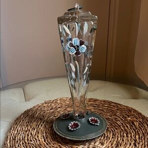 Vintage Hummingbird Feeder Hand-Blown and Hand-Painted Glass Vesal Metal base